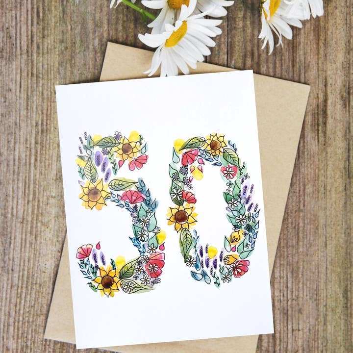 50th Birthday/Anniversary Card x5 for wholesale by Badibidu Watercolours