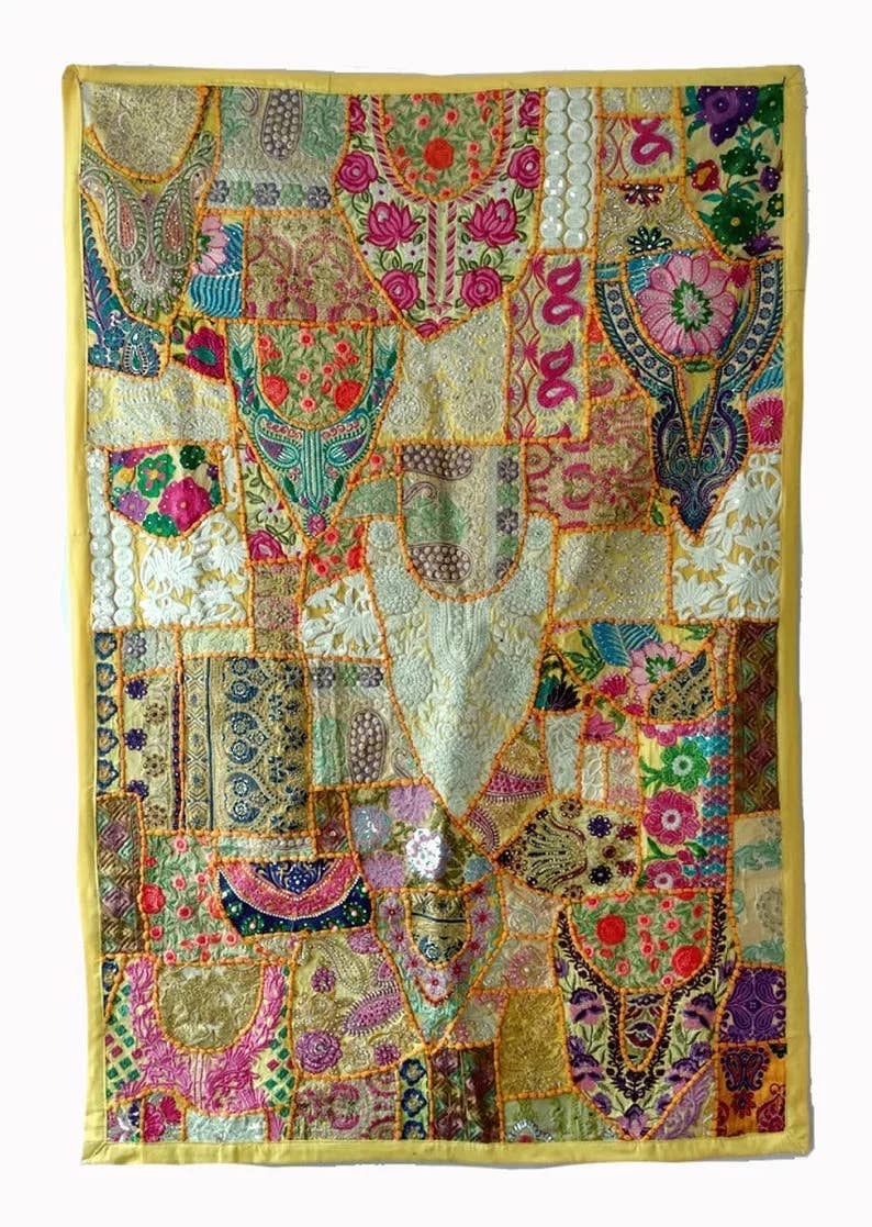 GYPSY STUDIO - Wholesale Tapestry/Textile - Yellow Patchwork Embroidery Handmade Sari Patchwork Tapestry