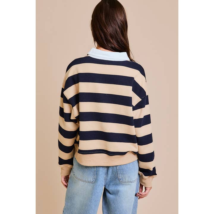 TAUPE NAVY STRIPE COLLARED CROP RUGBY SWEATSHIRT for wholesale on Faire2