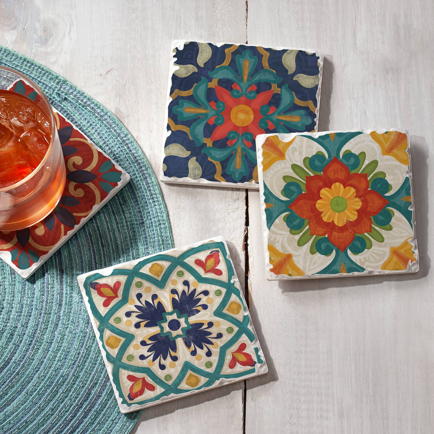 CounterArt/Highland Home/Thirstystone - Wholesale Coasters - Spanish Villa Assorted Image Tumbled Tile Coaster 4 Pack1