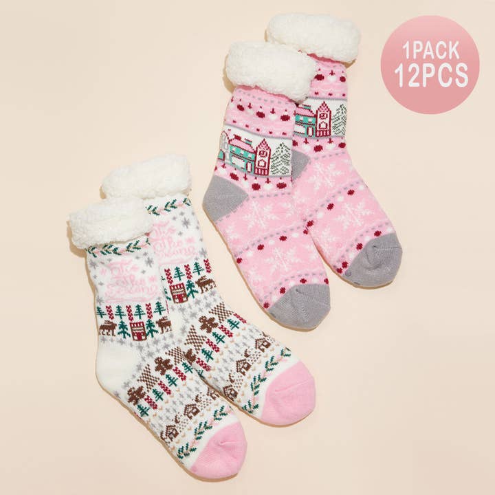 Assorted 12Pairs - Fuzzy Sherpa Cuff Christmas Pattern Socks for wholesale on Faire