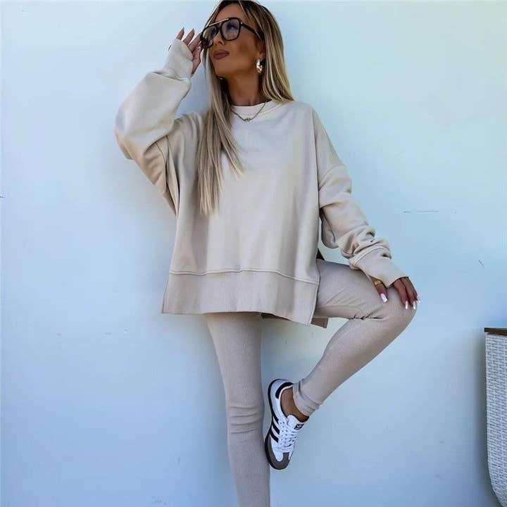 UZ Wholesale Store - Wholesale Lounge Set - Women's - Solid Color Round Neck Slit Sweatshirt And Skinny Pants Set