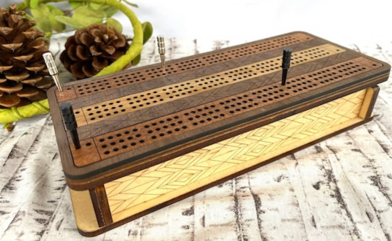 Through The Fire Design - Wholesale Board Game - Wooden Cribbage Board Game, Exotic Hardwood Inlay , Father’s10