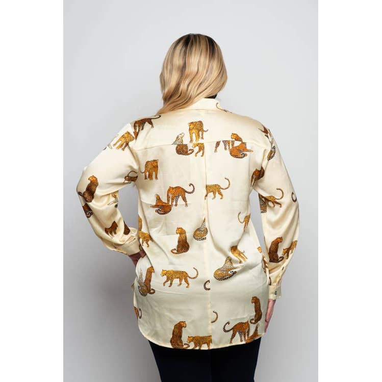 Curve Market - Vente Chemise à col boutonné – femme - GRANDE TAILLE EN SATIN À IMPRIMÉ TIGRE À MANCHES LONGUES ET COL BOUTONNÉ B1