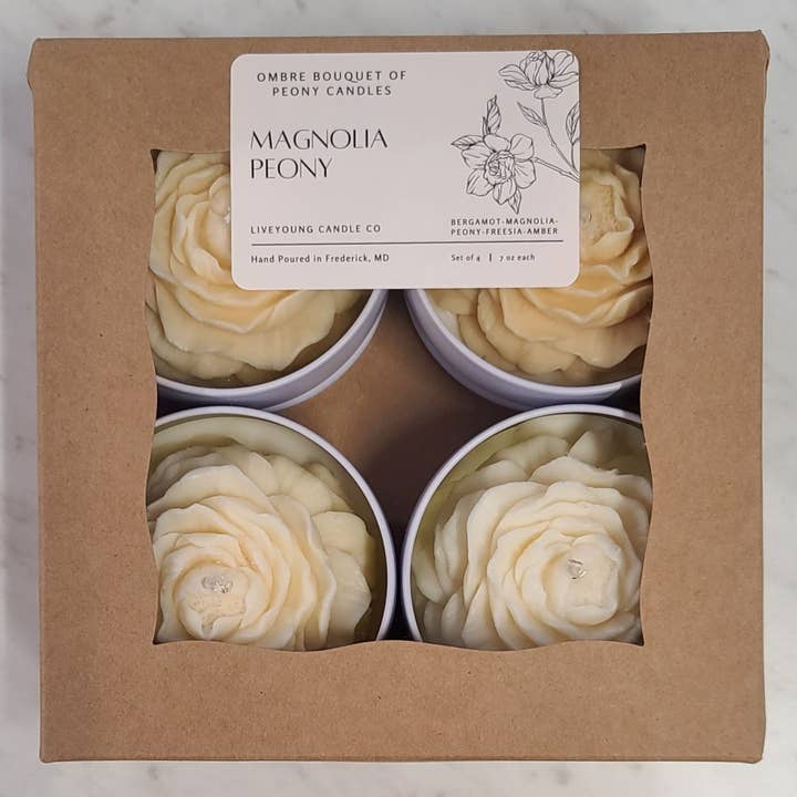 LiveYoung Candle Company - Wholesale Novelty Candle - Ombre Bouquet of Peony Candles | White Tin Flower Candle