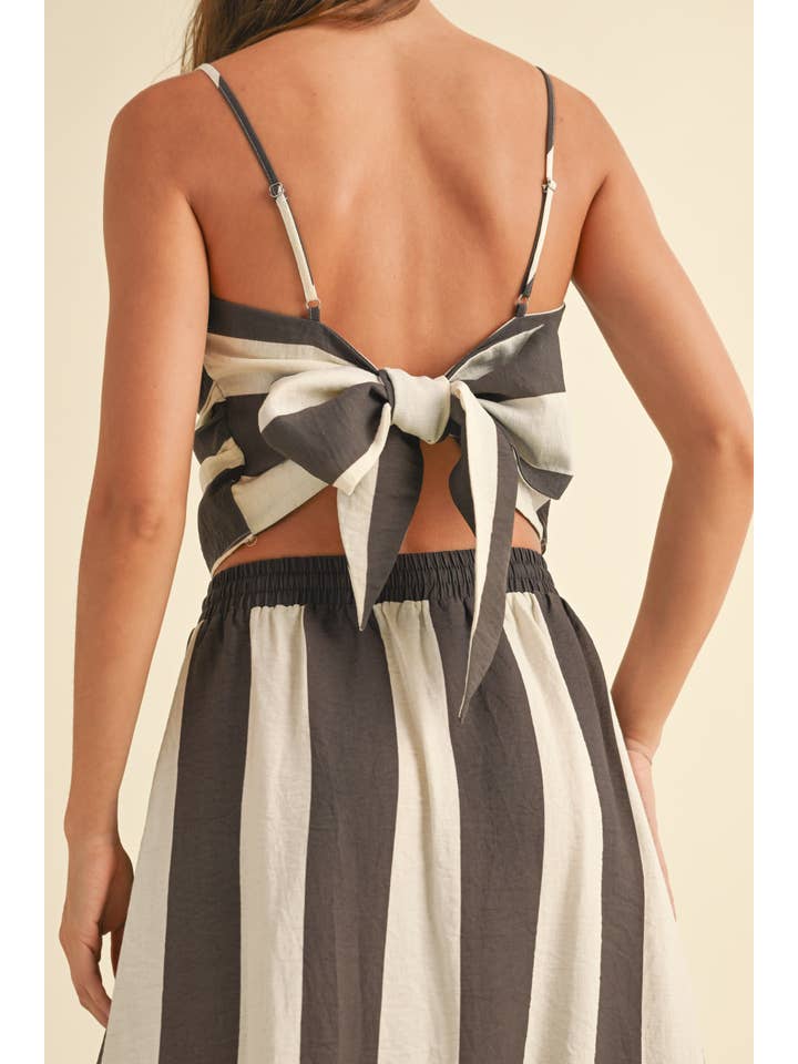 Brown T4523ST WIDE STRIPE PATTERN TIED IN BACK TOP for wholesale on Faire