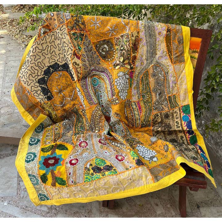 Bhawana Handicrafts - Wholesale Tapestry/Textile - Yellow Handmade Indian Vintage Wall Decor Sari Zari Work