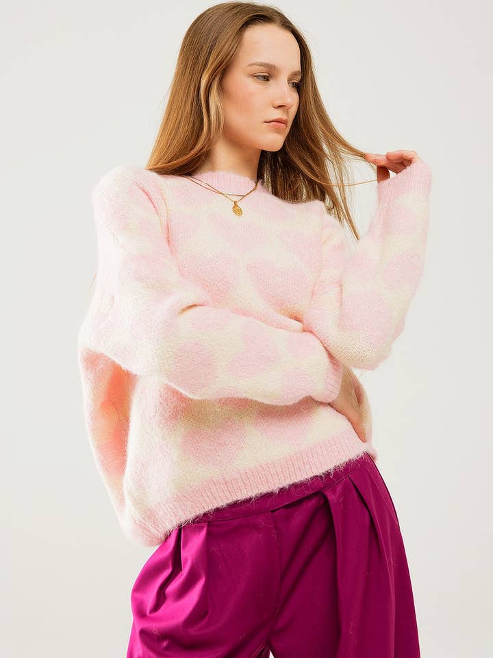Super Soft Oversized Cream Sweater With Pink Hearts All Over for wholesale by Q2—All Orders:Free Duties for the US,UK,and Canada