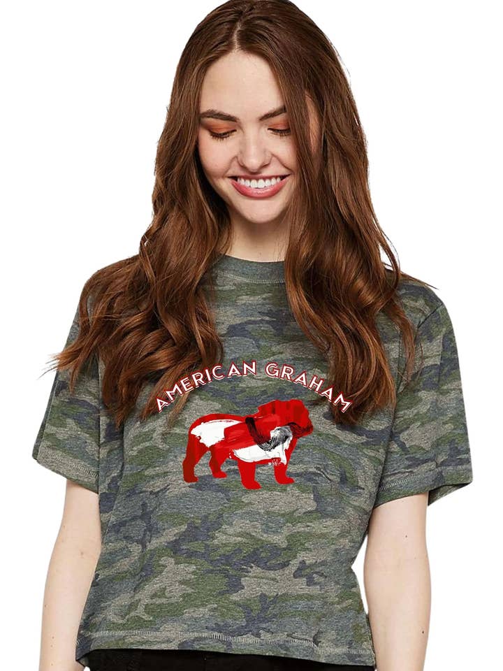 RED & BLACK ATTACK Abstract Bulldog Women's Camo Cropped Graphic T-Shirt - American Graham Apparel for wholesale by American Graham Apparel