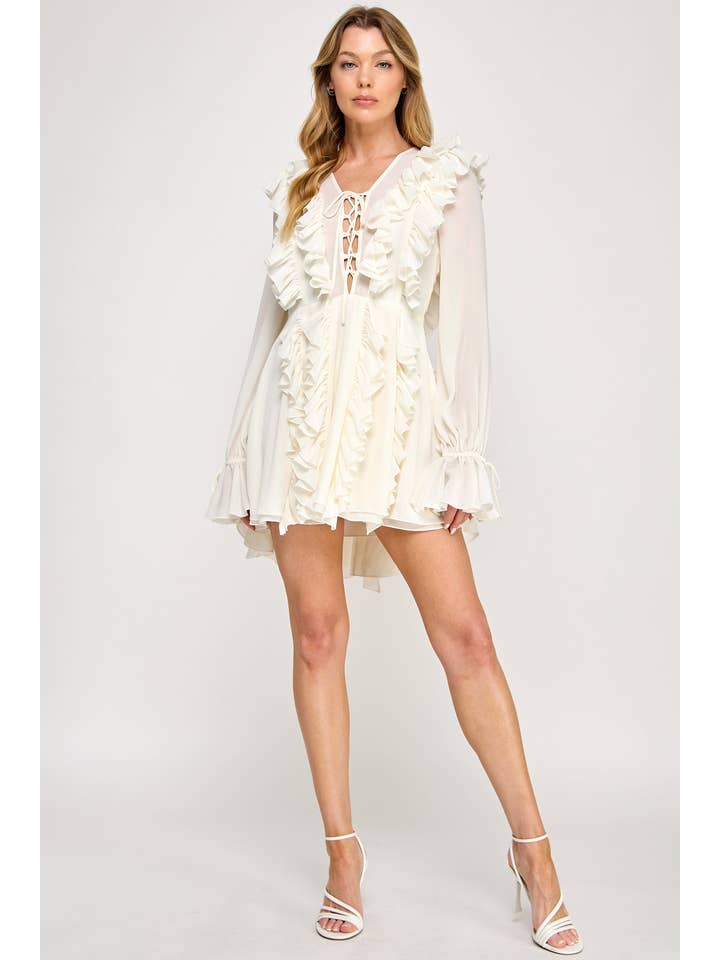 Vestis M - Wholesale Dress - Women's - Echo Ruffle Chiffon Mini Dress - V neck Lace Up7