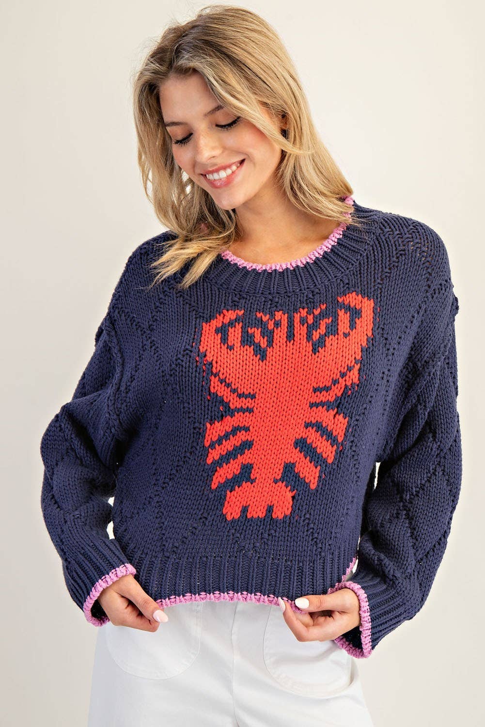 Peace Love Line - Wholesale Knit Sweater - Women's - PL8369 - LOBSTER INTARSIA KNIT CROPPED SWEATER0