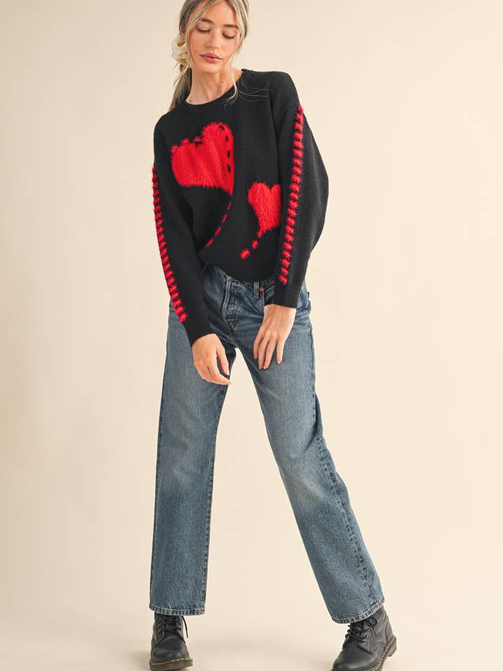 &MERCI - Wholesale Knit Sweater - Women's - FUZZY HEART KNIT SWEATER WITH WHIP STITCH MSW109908