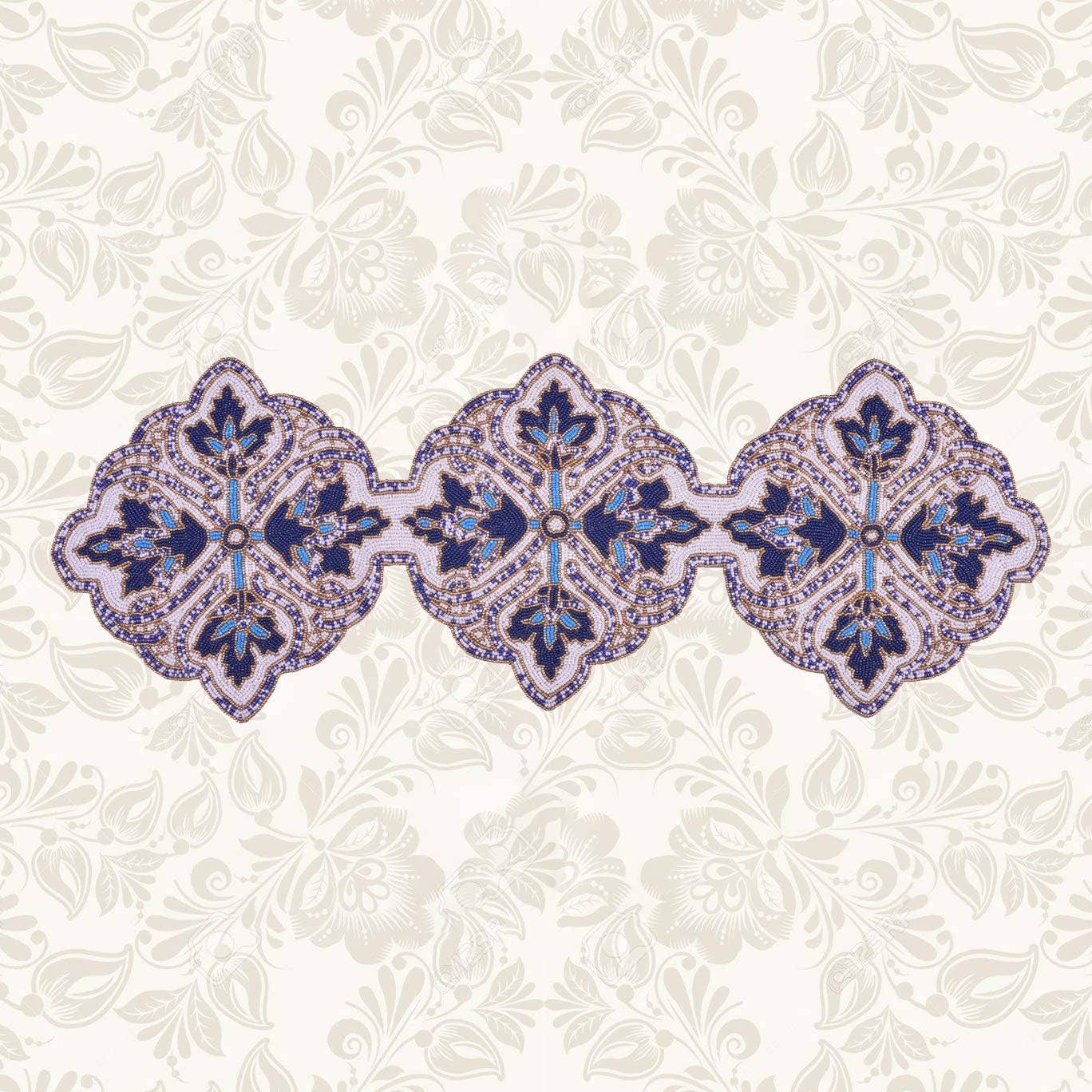 Vit Blå Broderad Pärlstav Runner bordstabett, Satäng tillbaka för wholesale på Faire0