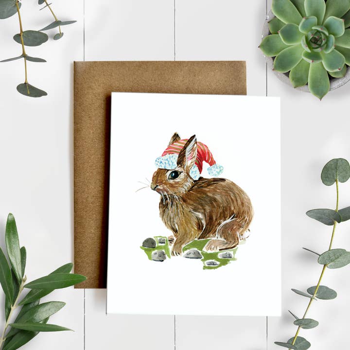 Bunny In Red Hat Christmas Blank A2 Single Note Card for wholesale by Mary M Spencer Design