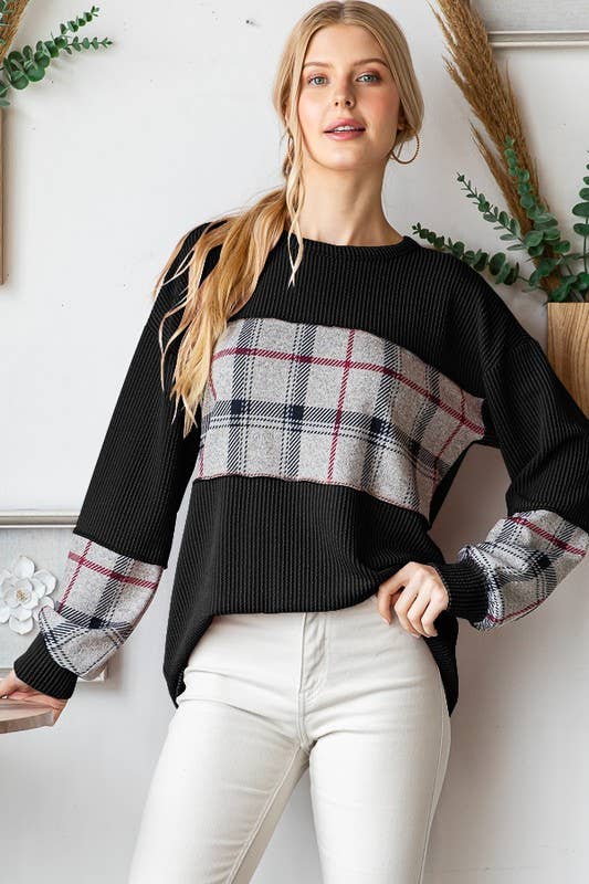 HEIMISH - Vente Haut en maille – femme - HAUT URBAIN CÔTELÉ ET À CARREAUX À MANCHES LONGUES ET7383-132