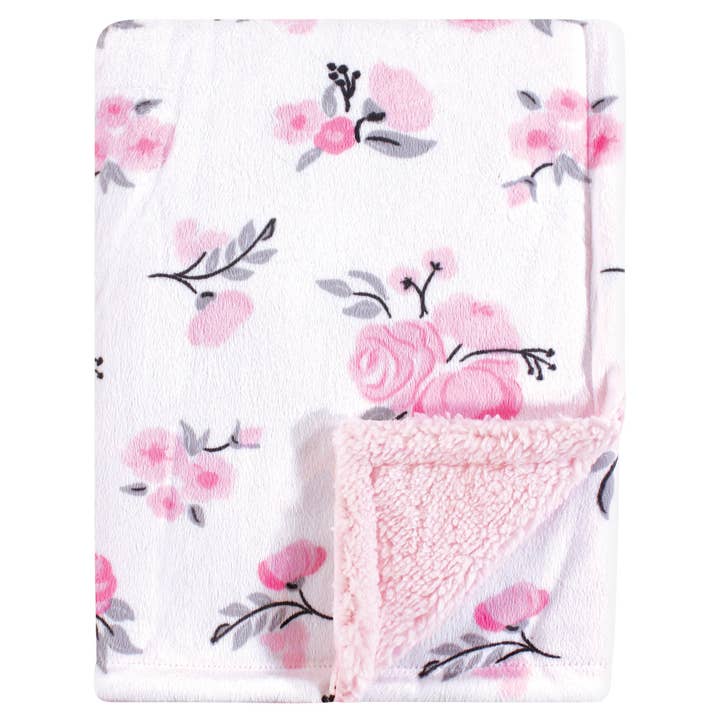 Hudson Baby Plush Blanket with Sherpa Back, Pink Floral for wholesale by BabyVision