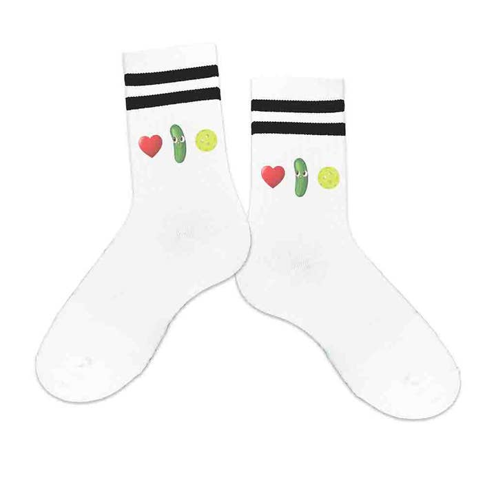 White Black I Love Pickleball Crew Socks for the Pickleball Player for wholesale on Faire
