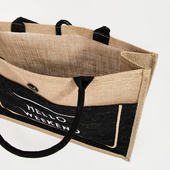 Collections by Fame Accessories - Wholesale Tote Bag - Women's - Hello Weekend Burlap Tote Bag