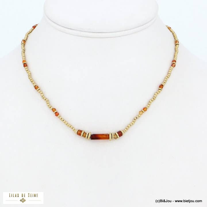 Collana con perle rotonde in acciaio inox e pietra naturale 0122584 per la vendita all'ingrosso da parte di Lilas de Seine