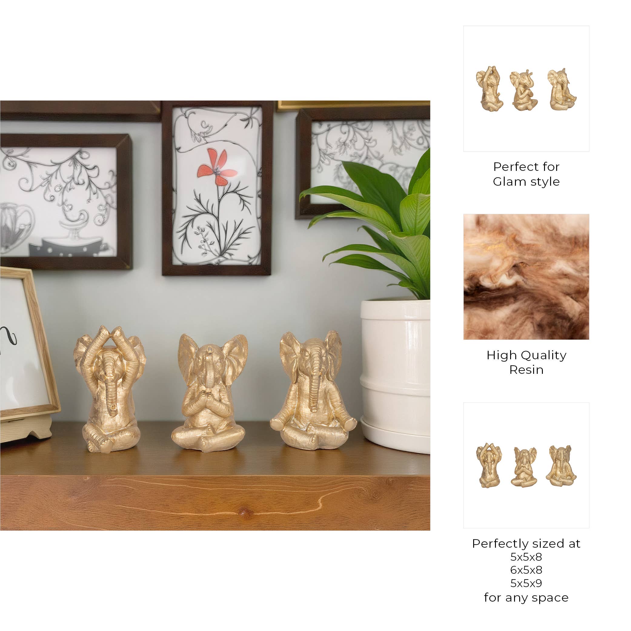 Sagebrook Home - Wholesale Decorative Figurine - Resin Yoga Poses Elephant Figurines Set of 3 - Gold, 8/9 in.2