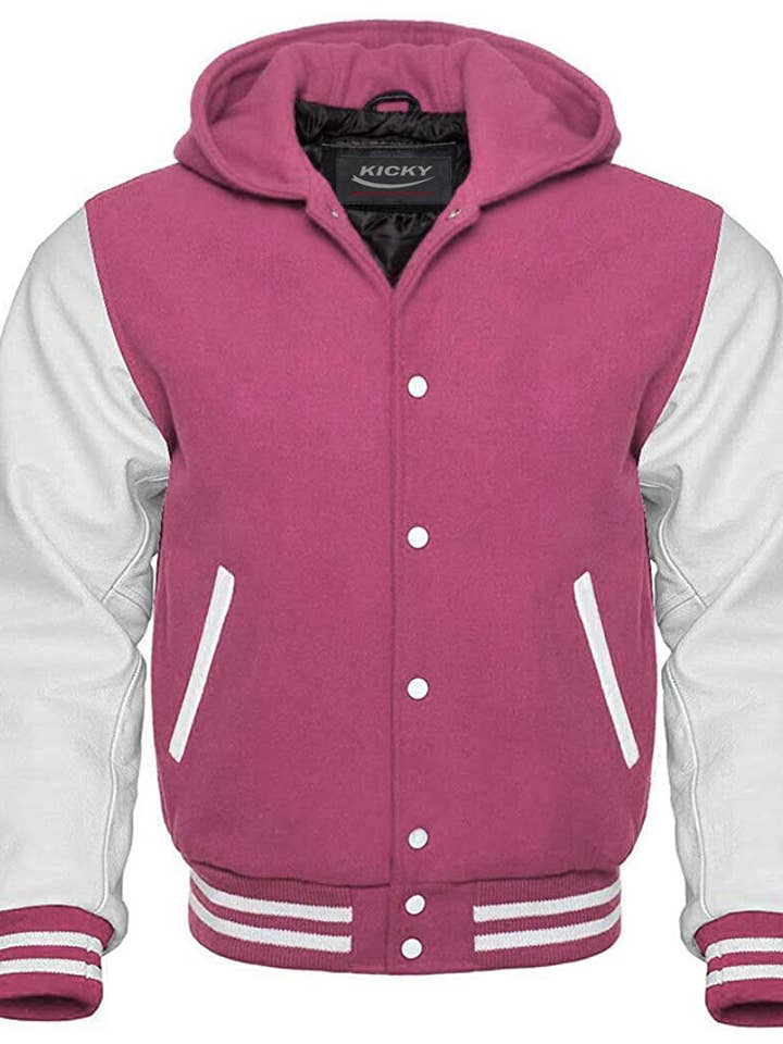 Varsity Letterman Baseball-Bomberjacke mit Kapuze, Rosa/Weiß für den Großhandel von Kicky Imports LLC