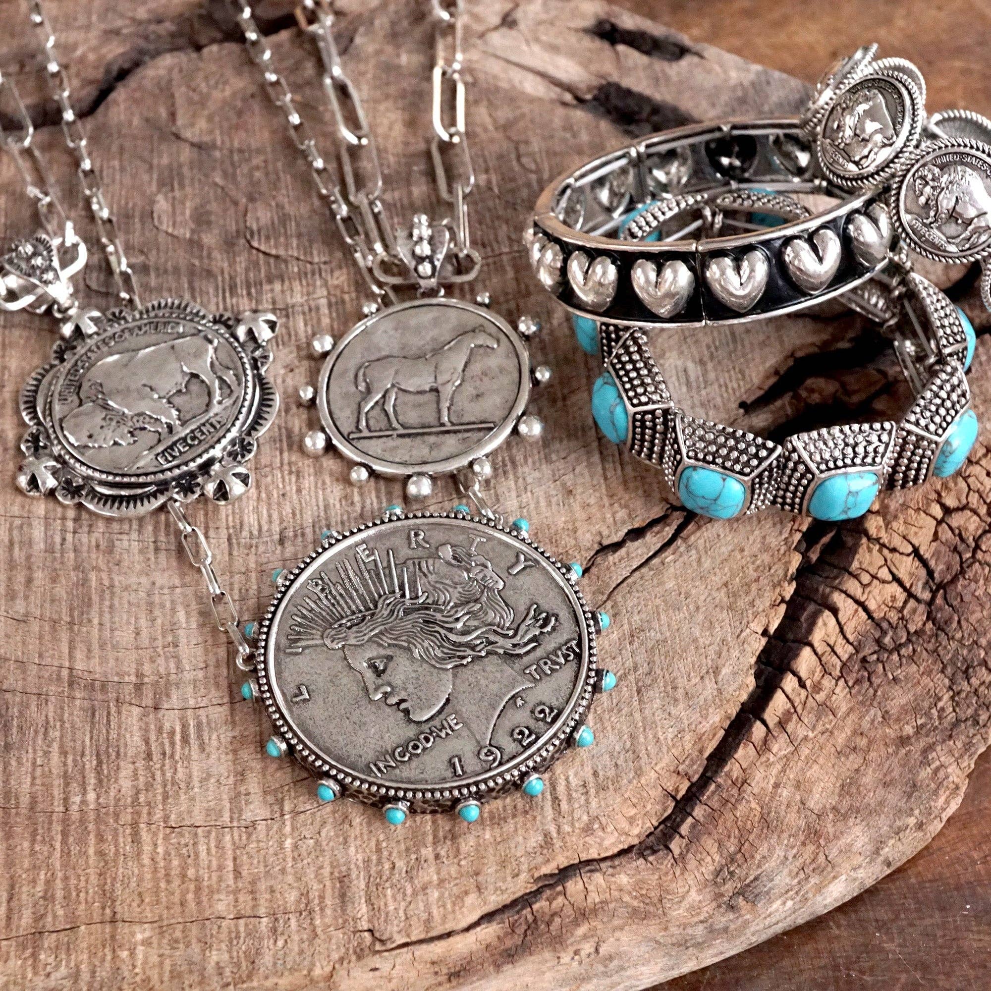 PennyLine inc - Wholesale Pendant/Charm Necklace - Western Boho Coin Necklace Set with Turquoise Accents – Worn Silver Tone6
