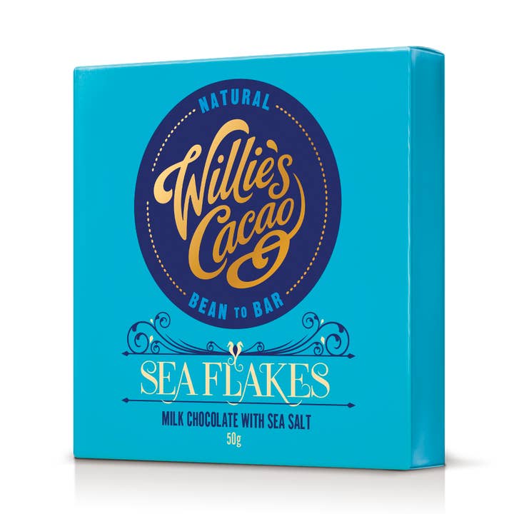 Flocos de Mar. Chocolate de leite com flocos de sal marinho. Barra de 50g por atacado de Willie's Cacao