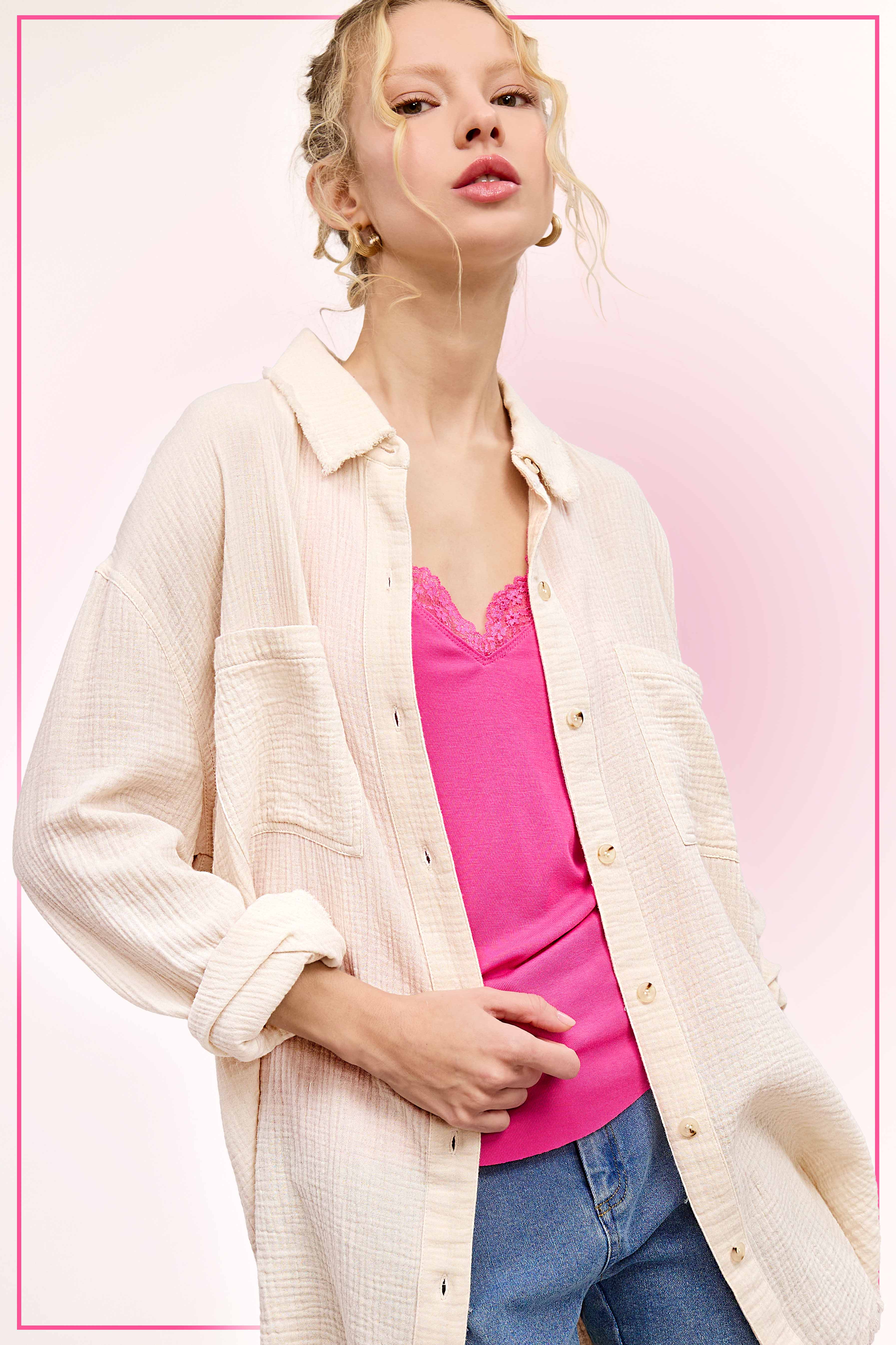 La Miel - Wholesale Button Down Shirt - Women's - SRT7448-Soft Washed Crinkled Gauze Button Down Shirts11