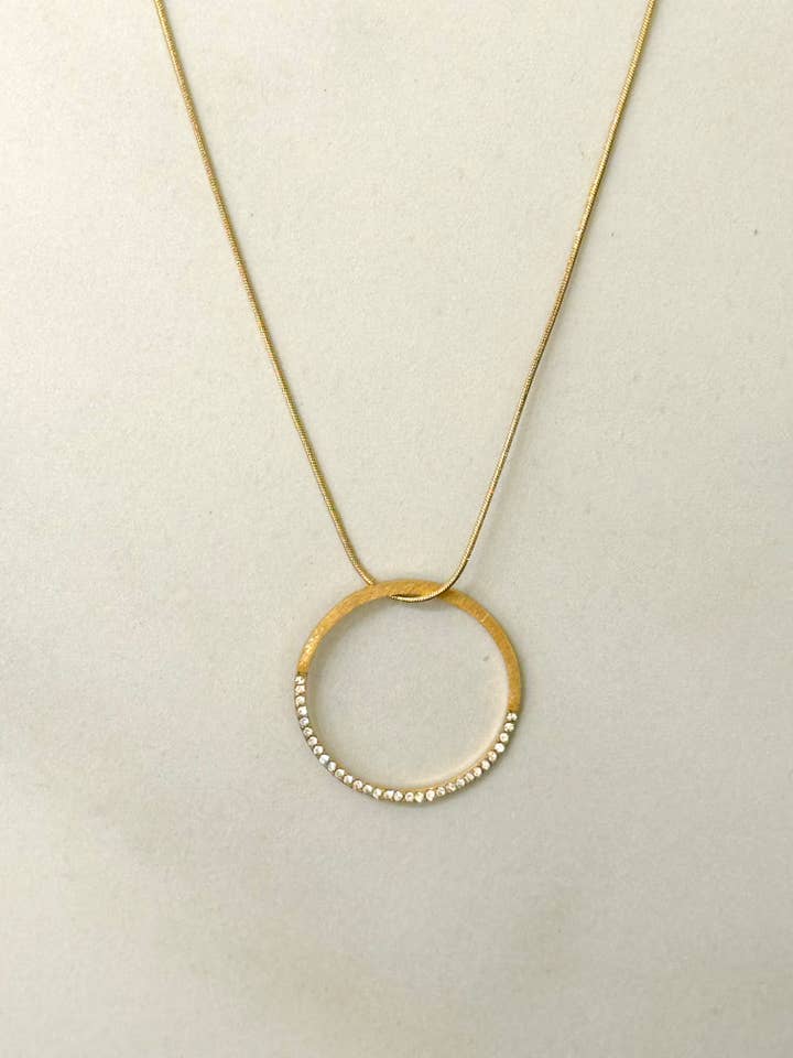 Brushed Gold Long Geometric Necklace w White Zirconias for wholesale by Cassette Barcelona