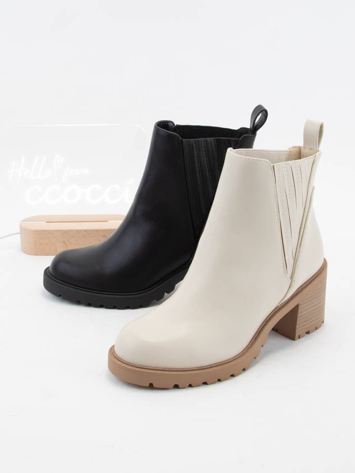 BONE PU WISELY CHUNKY BLOCK HEEL PULL ON ANKLE BOOTIES for wholesale on Faire