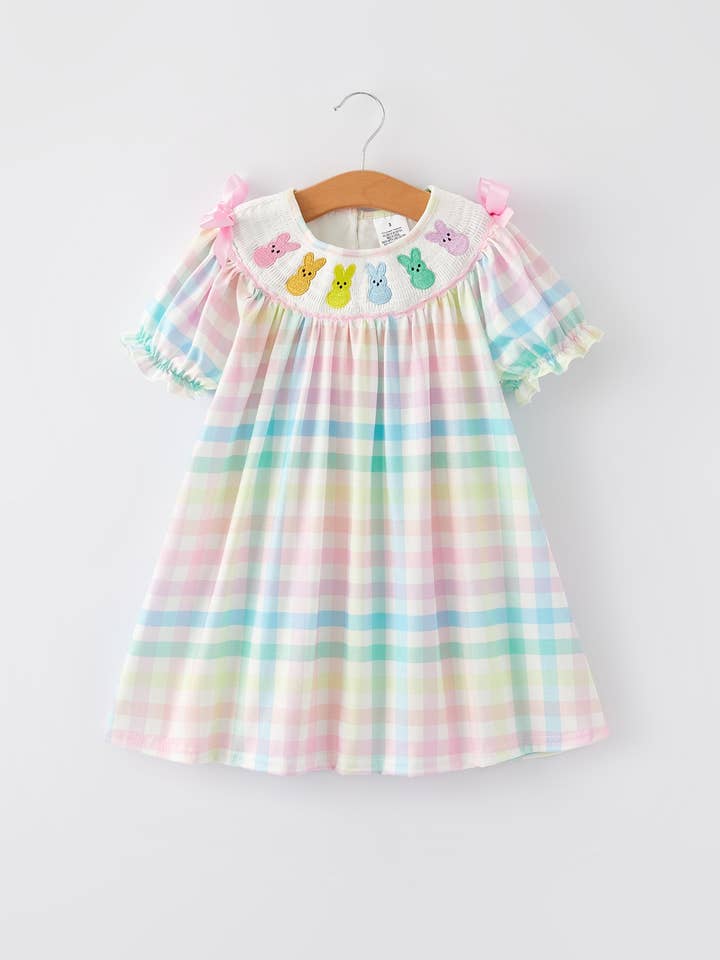 Easter Bunny Embroidery Girls Pink Plaid Bow Dress for wholesale by Rylee Faith Designs