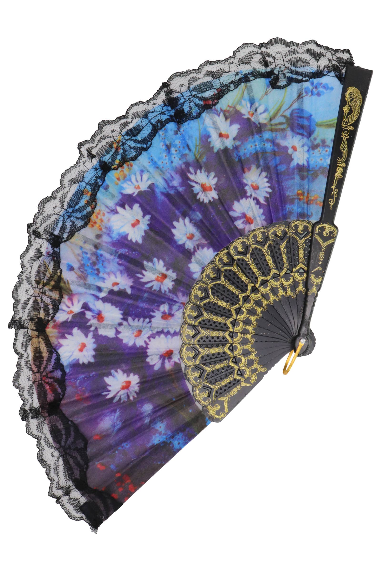 Cap Zone - Wholesale Handheld Folding Fan - Sheer Floral Black Lace Trim Hand-Held Folding Fan8