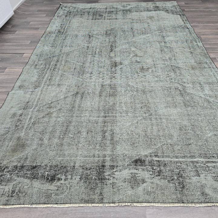 Vintage Turkish Overdyed Rug: Mint Green Distressed Bohemian Carpet (6.7x10.8 ft) for wholesale by MesopotamiaRugs