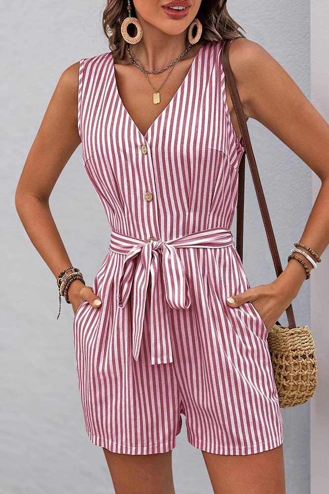 UNISHE - Wholesale Romper - Women's - V-neck Sleeveless Striped Jumpsuit BFZY13006