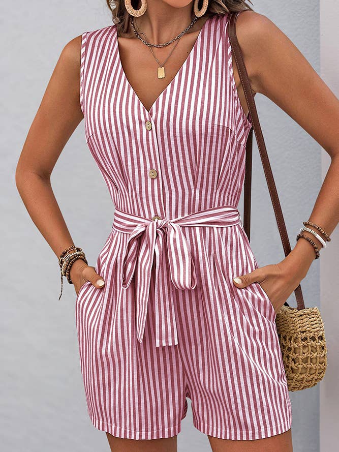 UNISHE - Wholesale Romper - Women's - V-neck Sleeveless Striped Jumpsuit BFZY13006