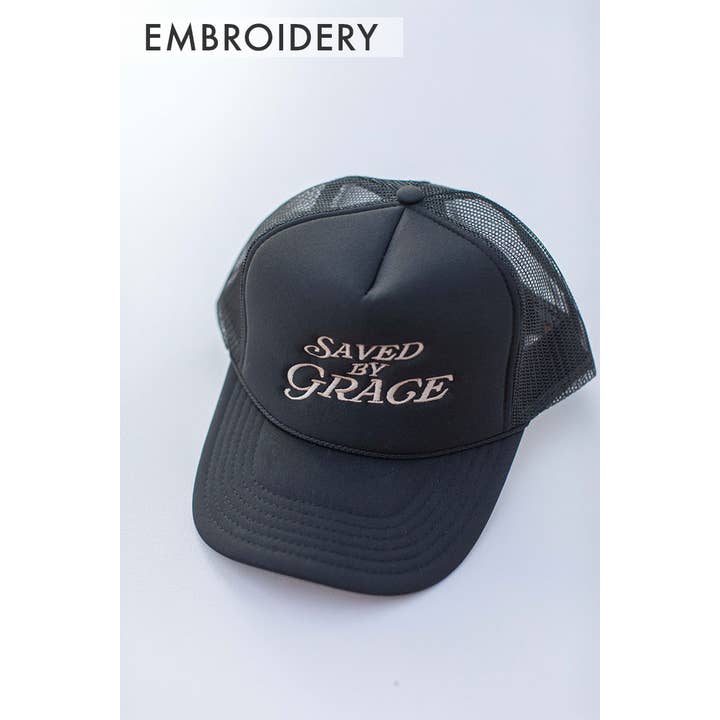 Black Embroidery Saved by Grace Faith Christian Trucker Hat for wholesale on Faire