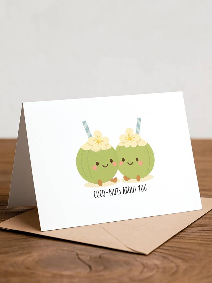 Carte de vœux avec jeu de mots sur la noix de coco : Carte Je t'aime pour la vente par Chewy Lemon Studio
