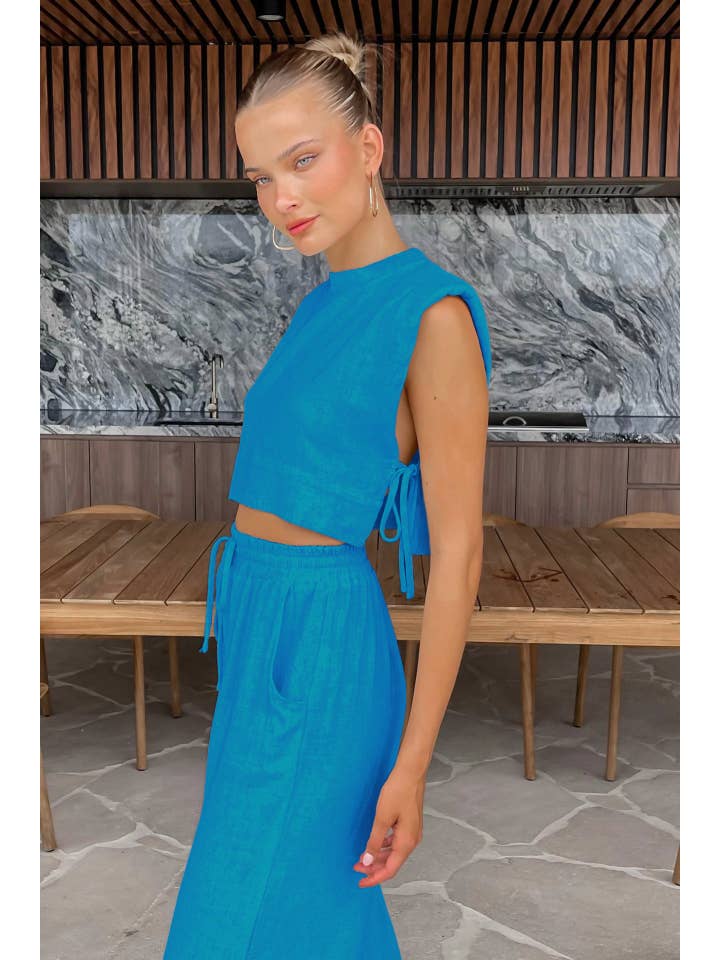 Sweetkama - Wholesale Top & Pant Set (NOT Loungewear) - Women's - Linen Sleeveless Crop Top and Pants 2PCS Set 2TZ2186