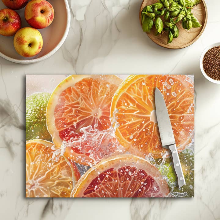 Citrus Fruit Tempered Glass Cutting & Charcuterie Board for wholesale by Fernville Creations