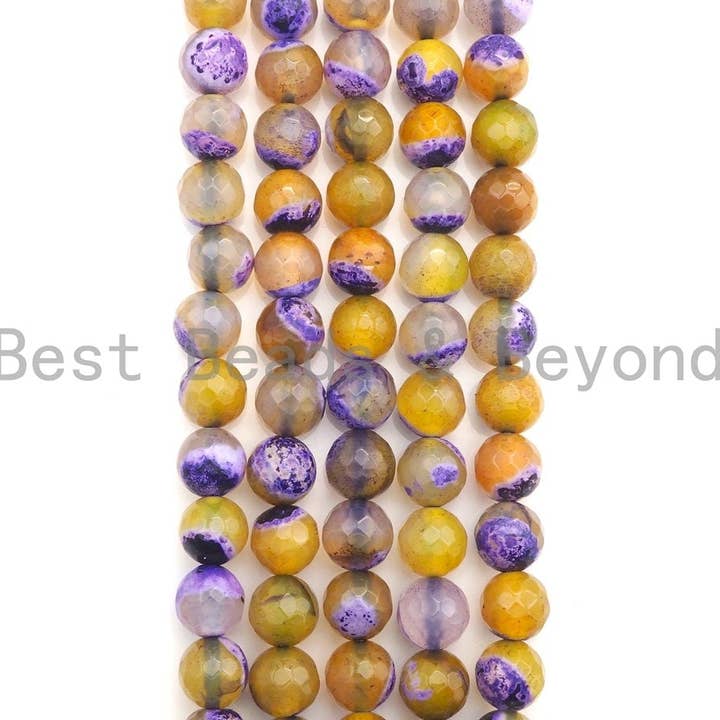 BestBeads&Beyond – Missangas por atacado – Contas de ágata de fogo amarelo roxo natural, contas de ágata de fogo facetadas redondas de 6 mm/8 mm/10 mm, fio completo de 15,5 “, Sku #UA701
