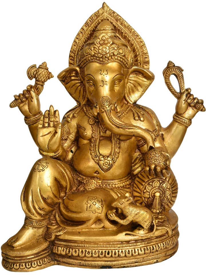 12"Chaturbhuja Relaxing Ganesha Seated on a Chowki In Brass for wholesale by Exotic India Art