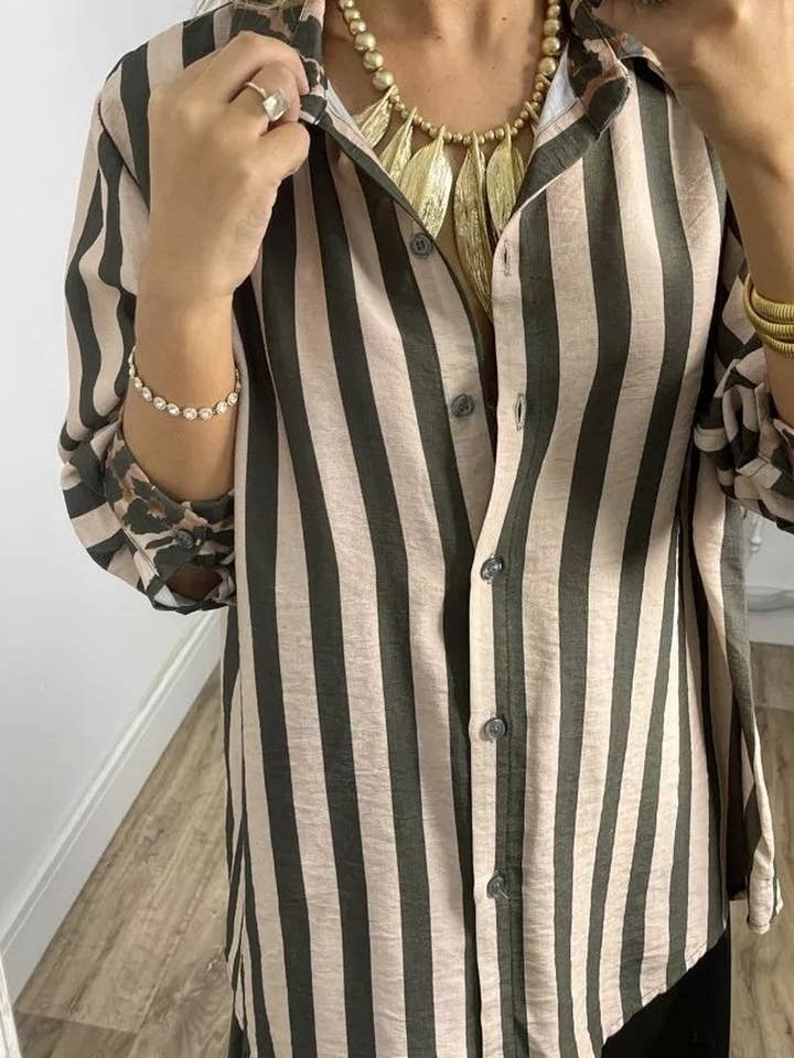 COFFEE CWTSTL894_STRIPED AND LEOPARD PRINT LOOSE CASUAL SHIRT for wholesale on Faire1