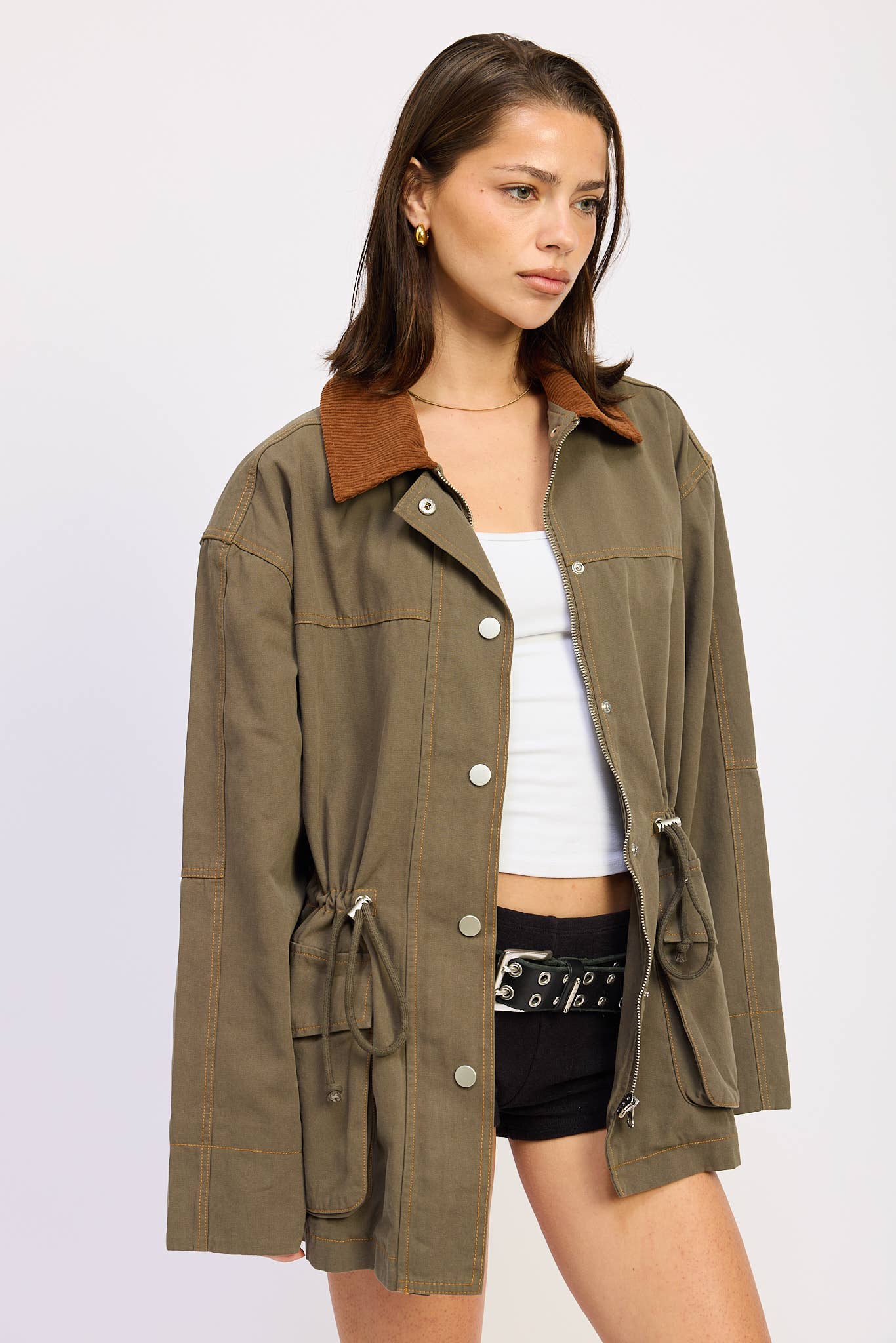 OLIVE PANELED CHORE JACKET WITH WAIST TIE for wholesale on Faire7