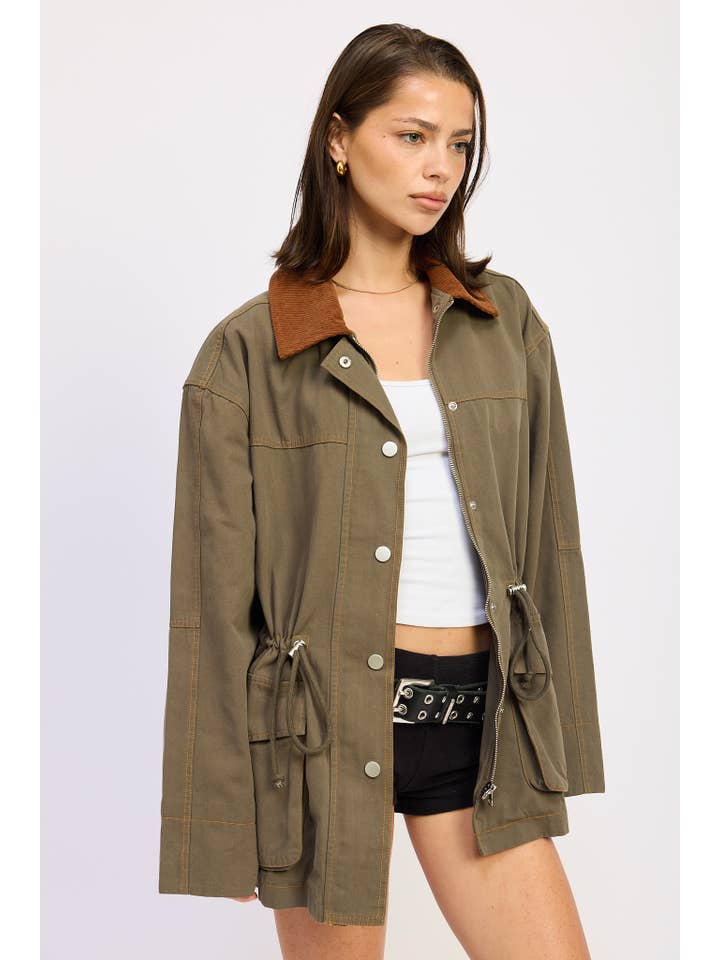 OLIVE PANELED CHORE JACKET WITH WAIST TIE for wholesale on Faire7