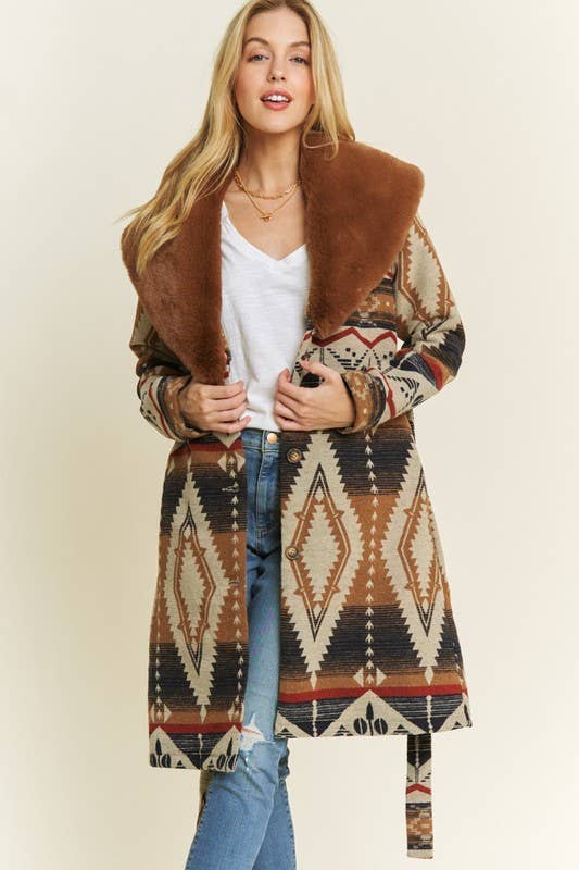 Pink Irene Wholesale – wholesale Jacket – Women's – AZTEC JACKET SHACKET WITH CONTRAST FUR SHOWL COLLA5