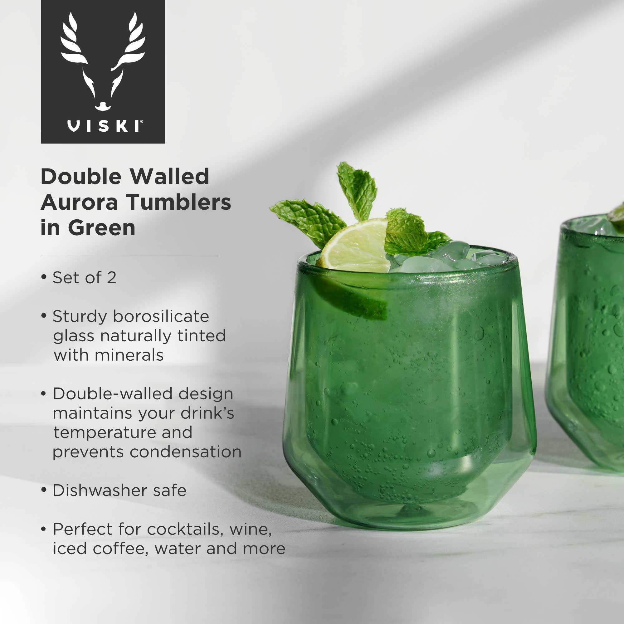 Viski - Wholesale Cocktail/Liquor Glass - Aurora Double Walled Tumblers Bottle Green Set of 25