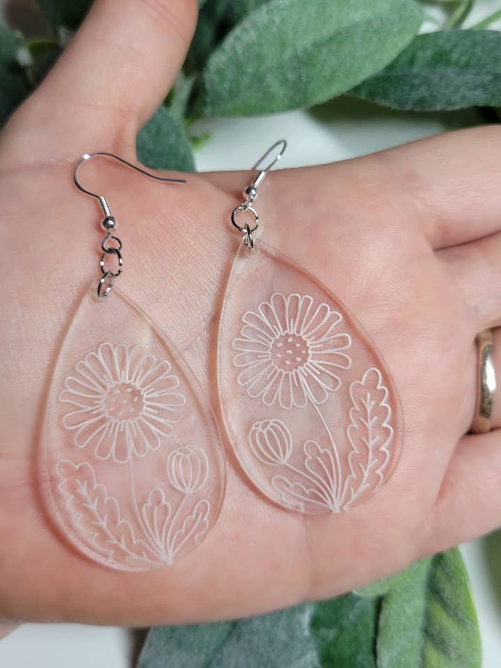 Sonnenblume gravierte Acryl baumeln Ohrring für den Großhandel von 432 Customs