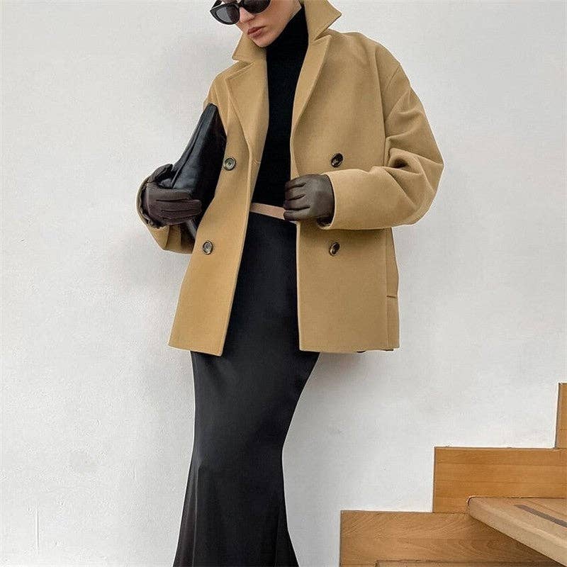 Brown Long Loose Thick Double Breasted Wool Coat for wholesale on Faire3