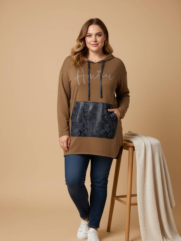 Plus-size "love" camel hoodie (T05538) for wholesale by Pomme Rouge Paris