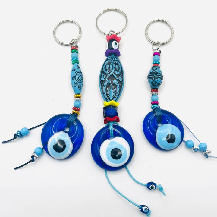 Handmade Patterned Blue Stone Evil Eye Keychain - Turkish for wholesale by Loli